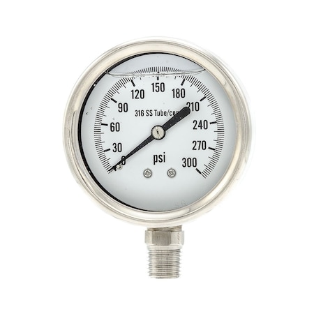 Pro 2 1/2 in Dial, 0/300 PSI, 1/4 in NPT, Lower Mount Glycerin Filled Pressure Gauge PRO-311L-254H